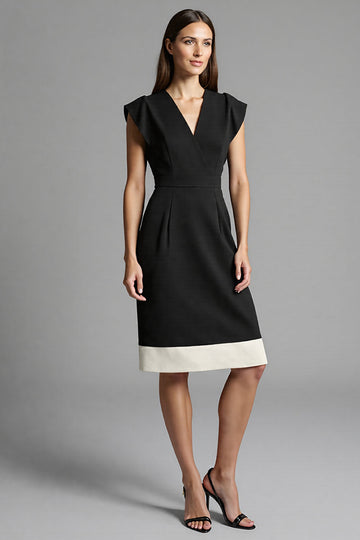 Black Ivory Patchwork V-Neck Cap Sleeves Midi Work Dress